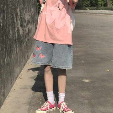 牛仔短褲 夏季大碼胖妹妹mm設計感小眾中褲 刺繡女五分褲【不二雜貨】