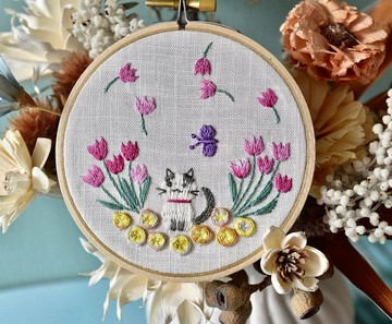 新手刺繡材料包-法式刺繡-鬱金香與小貓咪