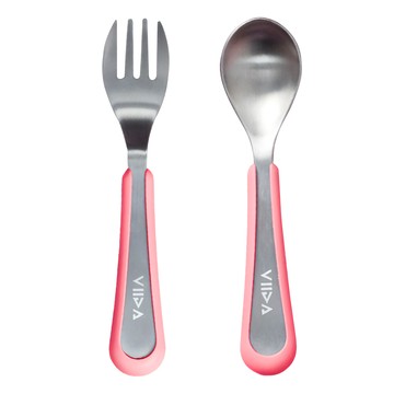 VIIDA Soufflé 抗菌304不鏽鋼叉匙組  甜心粉色  1 支幼兒湯匙 + 1 支叉子  1組
