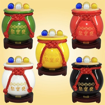 【吉祥開運坊】【貓眼石七星五帝錢聚寶盆大型 附木底座 七星聚寶盆 五色可供選擇】開光 擇日