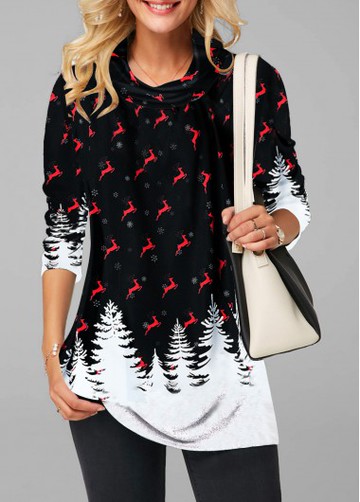 Printed Cowl Neck Long Sleeve Blouse