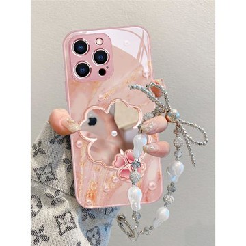 珍珠手鏈蘋果15promax手機殼女新款14pro奢華iphone13高檔15plus補妝12玻璃16鏡子13max個性時尚掛繩全包防摔
