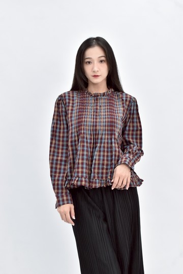 加購優惠(M)  棕色裙邊格紋長袖上衣