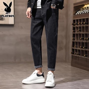 花花公子秋冬季九分牛仔褲男士潮流加絨修身小腳長褲子男2025新款