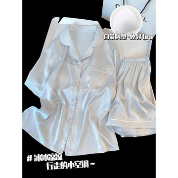 夏季天冰絲涼感短袖睡衣女帶胸墊2026新款可愛大碼薄款家居服套裝