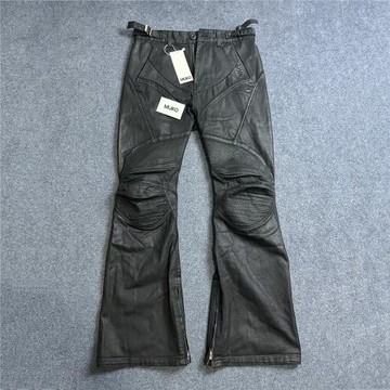 美式vibe風重磅黑色涂層刷蠟機車盔甲拼接褶皺廓形微喇叭牛仔褲男