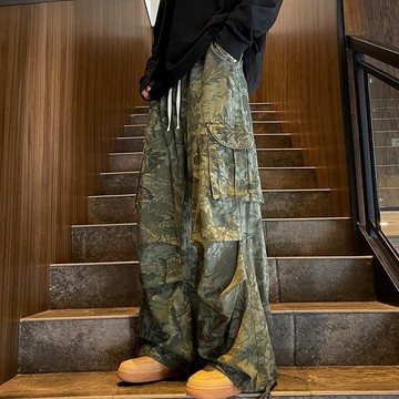 Blie 工裝褲男 褲子 長褲男 休閒褲夏季美式迷彩工裝褲子男士高街潮牌復古多口袋寬松直筒闊腿休閑褲
