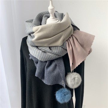 帶球球圍巾女冬季可愛少女加厚保暖百搭仿羊絨披肩兩用圍脖
