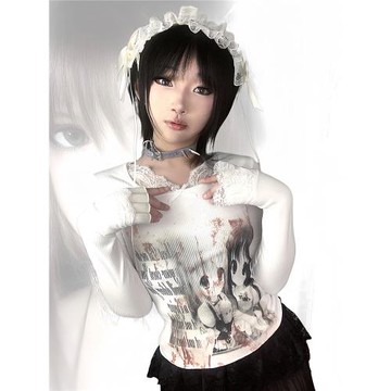 WEBBAR原創緊身圓領蕾絲長袖哥特二次元亞文化視覺系NO.167-X