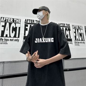 美式高街t恤男水洗做舊重磅短袖夏季潮牌復古半袖體恤純棉上衣服