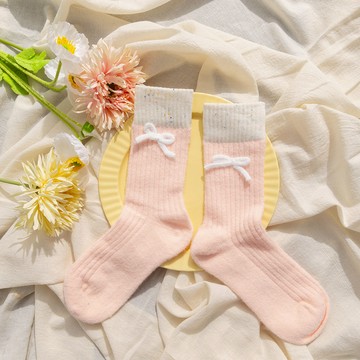BYHUE lilicoco   甜美馬卡龍撞色蝴蝶結中筒襪－粉