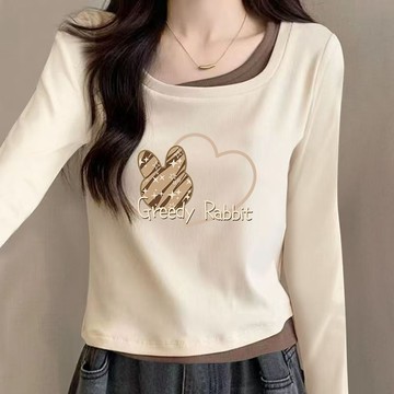 衣時尚 上衣 長袖T卹 打底衫 印花T卹 S-2XL新款設計感假兩件方領長袖修身別緻感拼接上衣-5827.