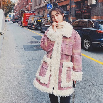 現貨+預購 毛呢外套翻領大衣-格子舖絨拼接羊羔毛女外套73zq7【獨家進口】【米蘭精品】