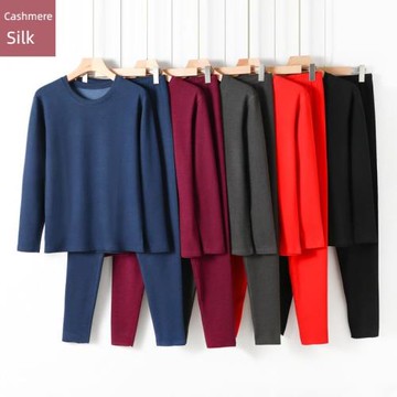 男士德絨羊絨蠶絲打底秋衣秋褲寬松圓領純色加肥加厚保暖套裝秋冬