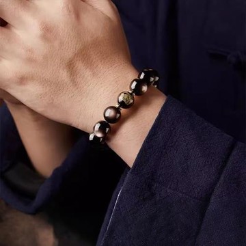 (免運)普陀山的祝福天然黑曜石本命佛銀曜石手串男女款轉運珠水晶手鏈