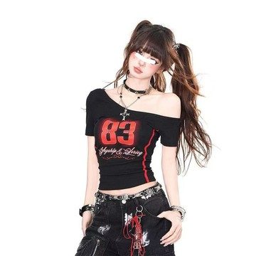 辣妹裝斜肩短袖 上衣女 露肩上衣 女裝2025新款悉尼黑夜美式純欲辣妹短袖斜肩T恤女夏季修身顯瘦上衣98