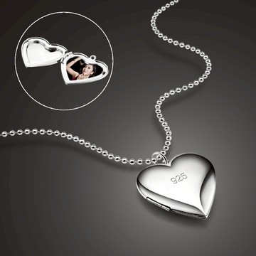 免費定制照片S925銀項鏈女愛心形相片盒吊墜紀念禮物刻字首飾情侶