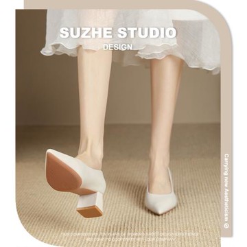 高跟鞋女尖頭中跟粗跟單鞋春季不累腳工裝鞋職業鞋黑色通勤工作鞋