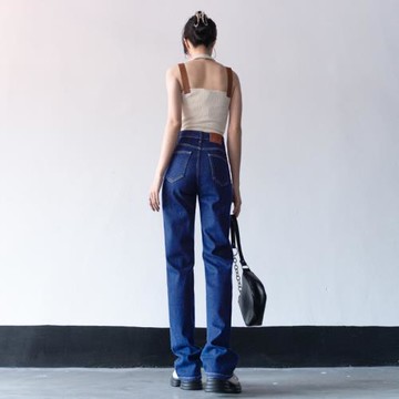 季如詩舒適彈力｜深色丹寧藍牛仔褲女2024春秋加長高腰窄版直筒褲