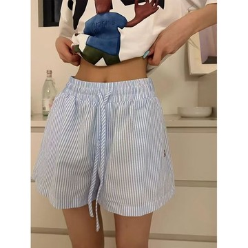 【臺灣出貨 免運】ins風條紋褲子美式條紋抽繩字母刺繡闊腿短褲男女寬鬆夏季休閒褲