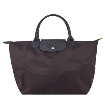 LONGCHAMP LE PLIAGE GREEN系列刺繡短把再生尼龍摺疊水餃包(中/摩卡棕)