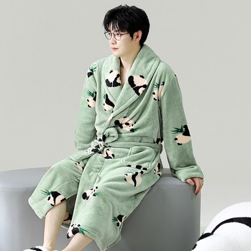 男士睡袍加絨加厚珊瑚絨2024秋冬季新款青年寬松冬天男法蘭絨浴袍