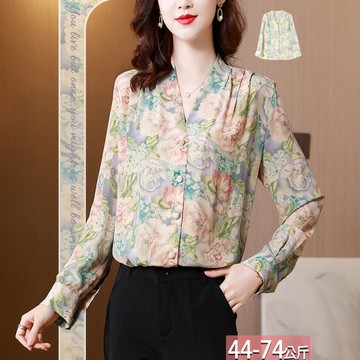V領復古花卉印花壓摺襯衫 M-3XL【289134W】【現+預】-流行前線-