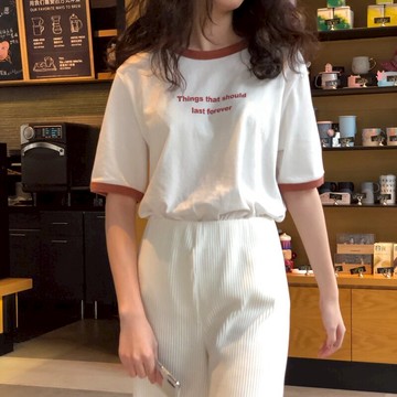 夏季新款chic韓國字母拼色印花短袖T恤女百搭寬松上衣打底衫學生1入