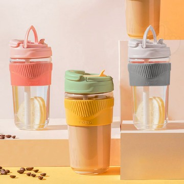 歐美直飲吸管兩用耐熱玻璃隨行杯500M 優雅紫