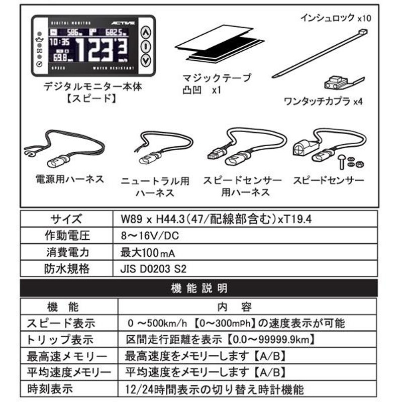 対応車種メーカー汎用アクテイブ(ACTIVE) デジタルモニターV4 スピード 1080138