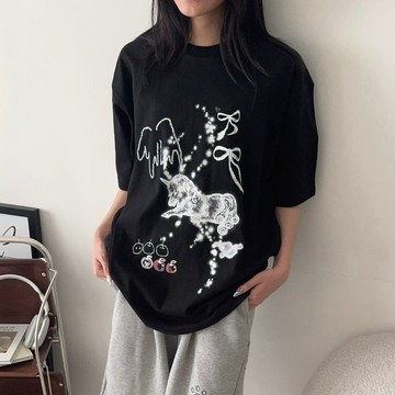 【FJstore】韓國 AMBLER A Horse Neighs 夢幻獨角獸 短T 短踢 寬鬆 落肩 圓領 短袖上衣