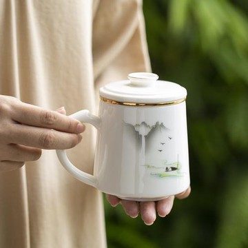 羊脂玉茶杯陶瓷茶水分離杯辦公室帶蓋過濾泡茶馬克杯家用喝茶杯子