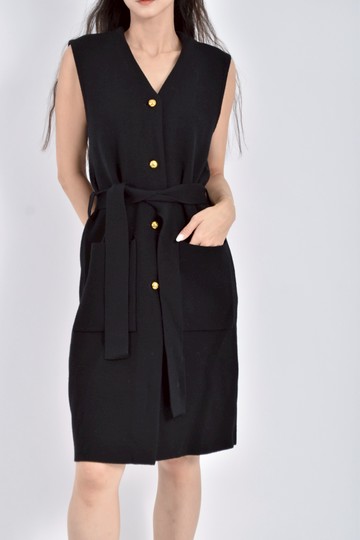 (S) 【陳喬恩私服】tory burch質感針織無袖黑色綁帶洋裝