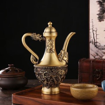 純黃銅精雕百福高酒壺餐廳宴會婚慶銅器擺件龍鳳手把壺復古銅茶壺