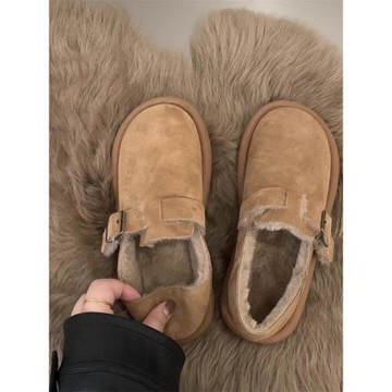 平底樂福鞋女2025新款真皮冬季加絨保暖復古外穿毛毛鞋東北大棉鞋