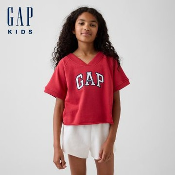 【GAP】兒童 VintageSoft 毛圈布寬鬆Gap Logo V領大學T-深紅色(898089)