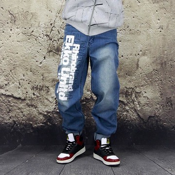 牛仔褲男 嘻哈牛仔褲 男寬鬆直筒牛仔褲 春秋潮流刺繡闊腿滑板褲