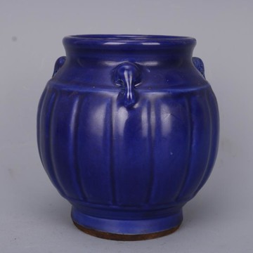 清雍正祭藍釉瓜棱象耳罐手工仿古老貨瓷器家居中式擺件古玩收藏1入