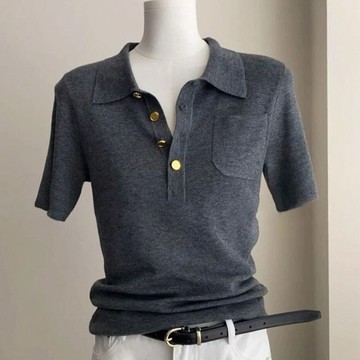 法式Polo領短袖 灰色短袖女 夏季短款女裝 高級感上衣 氣質上衣 莫代爾短袖 正肩休閒T恤 上衣女 修身上衣
