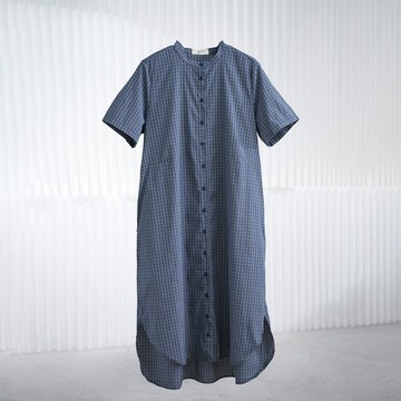 休閒色織細格紋立領襯衫式洋裝200455