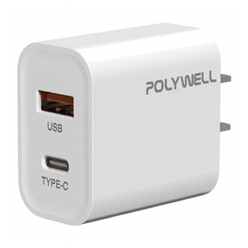 POLYWELL 寶利威爾 雙孔PD充電頭 20W Type-A + Type-C  白色  1個