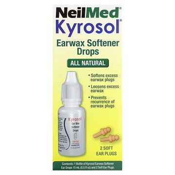 NeilMed, Kyrosol，耳垢軟化滴劑，0.5 液量盎司（15 毫升）和 2 個軟耳塞