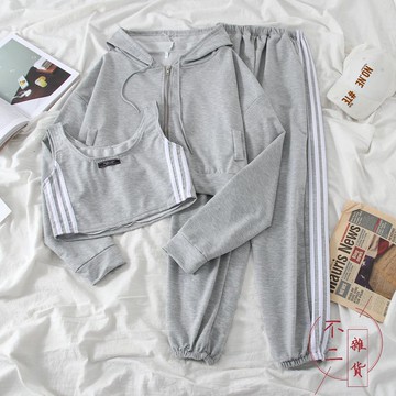 3件套韓版時尚休閒運動服女小個子顯高連帽外套套裝潮【不二雜貨】