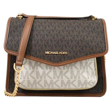 MICHAEL KORS REGINA 印花翻蓋肩斜背鍊包.深咖/白