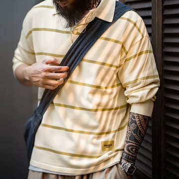 馬登工裝美式休閒條紋針織polo衫撞色翻領半開襟寬鬆長袖T恤男春