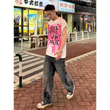 美式潮牌vintage樂隊寬松廢土風破壞男士白色背心情侶T恤無袖坎肩