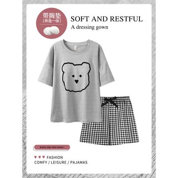 莫代爾睡衣女帶胸墊夏季日系小熊夏款短袖套裝大碼薄款新款家居服