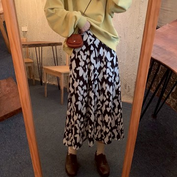 春季年新款韓版奶牛印花半身裙女中長款高腰顯瘦A字裙女學生1入