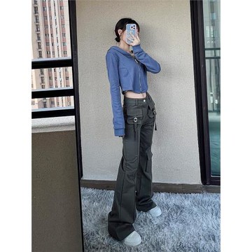 美式復古工裝褲女多口袋休閑褲修身高腰顯瘦直筒拖地微喇闊腿褲潮