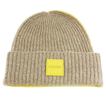 【COACH】方標LOGO 混羊毛毛帽(灰褐/芥末黃)